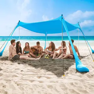 Kanopi tenda pantai dengan 4 tiang aluminium UPF50 + Pop Up, Naungan matahari pantai portabel Atur mudah untuk pantai, berkemah, halaman belakang