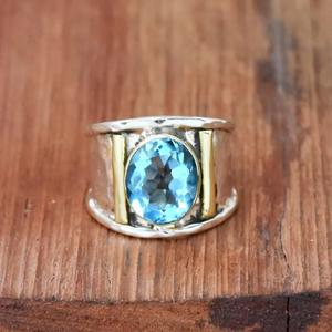 แหวนบุษราคัมสีฟ้า925เงินสเตอร์ลิงสายพลอยตัดวงรีวงกว้างปรับได้ทำด้วยมือสองสีเครื่องประดับพลอย - Product Image 1