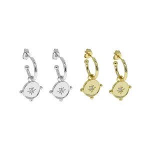 Trendy 925 Sterling Silver 18K Gold Plated Geometric Coin Shape Zircon Setting Dangle Statement Hoop Stud Earrings