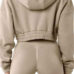 55% coton, 45% Spandex Goutte Épaule Style Surdimensionné Coupe Courte Lin Femmes Classique Capital Full-Zip Crop Hoodie - Product Image 6