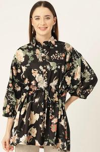 Floral Jaipuri estampado bloque estampado Top tejido a mano y lavable negro étnico corto Top moda mujer algodón verano - Product Image 4