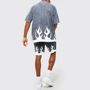 Men's Blue Washed Cotton T-<b>Shirt</b> Short Sleeve O-Neck Oversized <b>Flame</b> Print Street Style Jersey Knit - Product Image 2