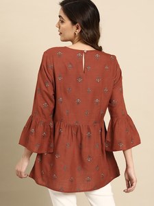 Indian Ethnic Wear Elegant O-Neck <b>Three</b> Quarter Sleeve Cotton Embroidery Fit Flare Silhouette Short Top for Office Regular Wear - Product Image 4