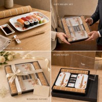 Ensemble de sushi avec tapis à sushi en bambou, assiette en céramique rouge prune et baguettes, pour 2 personnes, boîte cadeau, vente en gros, OEM personnalisé