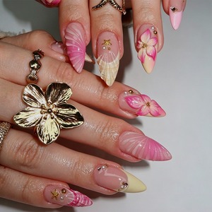 HYC-DZ-1801 <span class=keywords><strong>Uñas</strong></span> Postizas Rosas y Amarillas con Flores Francesas, Gel 3D Estilo Dulce, Reutilizables, Cobertura Completa, Hechas a Mano - Product Image 1