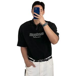 Polo de Hombre con Estampado de Letras en Tela Texturizada Negra, Verano - Product Image 1