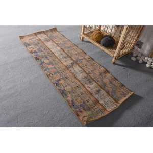 Turkish Rug 1.5x3.9 ft, <b>Brown</b> Blue Moroccan <b>Wool</b> Vintage Rug - Product Image 3