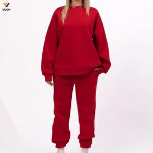 Haute qualité femmes couleur unie deux pièces à manches longues col rond pull et pantalon costume de sport femmes pyjama costume - Product Image 5