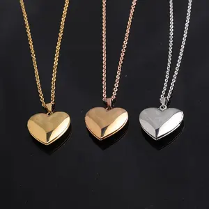 Dina Fashion – collier médaillon coeur brillant en acier inoxydable plaqué or 18K pour femmes, médaillon flottant avec cadre Photo ouvrable