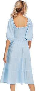 Soft Trendy Smocked Bodice Women Midi <b>Dress</b> with <b>Off</b> <b>Shoulder</b> Puff Sleeve A Line Silhouette Comfortable Daily Wear - Product Image 2