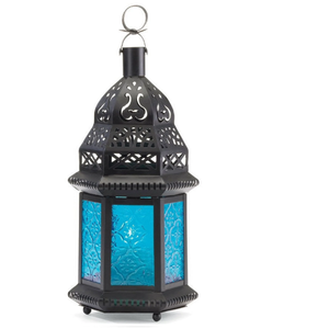 Fer noir lanterne marocaine murs en verre bleu intérieur extérieur hôtel vaisselle décorative bougeoirs de fête décoration de la maison - Product Image 1