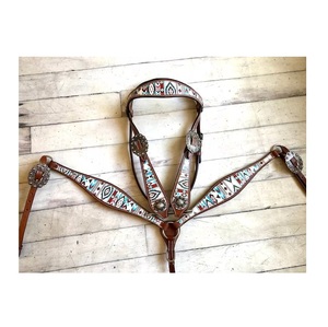 Top Quality100 % Cuir Véritable Western Perlé Une Oreille Headstall & Collier De Poitrine Ensemble Avec Wither Strap Fournisseur Fabricant - Product Image 2