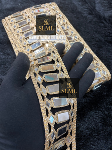 ผ้าลูกไม้ตาข่ายลายทองดีไซน์เนอร์ พร้อมงานกระจกตกแต่ง สำหรับตกแต่งขอบผ้าลูกไม้ตาข่าย สำหรับส่าหรี เลเฮงกา เสื้อผ้า และชุดเจ้าสาว - Product Image 5