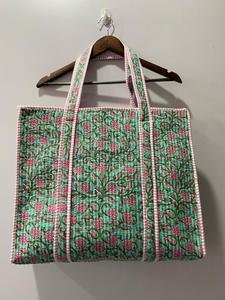 Handmade Cotton Quilted Tote <b>Bag</b> <b>Green</b> for Pink Floral Block Print Eco-Friendly Zipper Lightweight Everyday Travel Shopper - Product Image 5