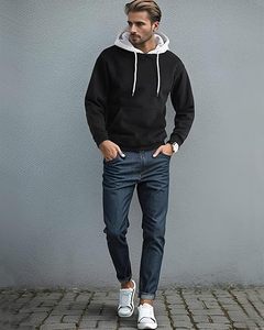 Sudadera con capucha de manga larga para hombre, personalizada OEM, tops de invierno, sudadera de forro polar con bloques de color, bolsillo, transpirable, teñido liso - Product Image 1
