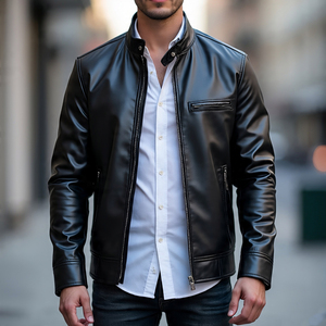 Chaqueta Vintage de Cuero para Hombre, Chaqueta Ajustada, Cuello Levantado, Logotipo Frontal Impreso, A Prueba de Viento, Transpirable, Informal, Invierno - Product Image 4