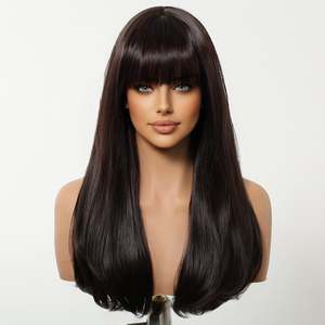 Maribel-DWY 16 Inches Glueless Synthetic <b>Wig</b> Mid-Length Curly Black with Bangs Machine Made for Women Transparent Lace - Product Image 3
