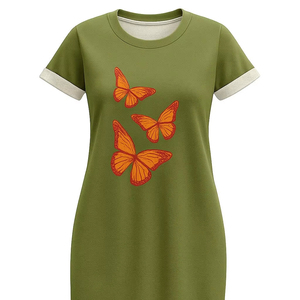 Ladies 100% Cotton Terry Fabric Long T-Shirt with Butterfly Print Knitted Tops for All Seasons-FOB Wholesale From Bangladesh - Product Image 1
