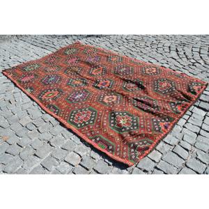 Tapis turc vintage, tapis Kilim 6,6x10,6 pieds, grand tapis Ikat rouge - Product Image 2