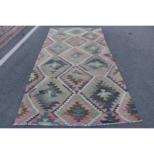 Alfombra Kilim turca Vintage 4,9 X 9.4ft Diseño de retazos verde rosa Clásico Hecho a mano Lana Poliéster Forma rectangular Látex vivo - Product Image 1