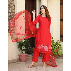 Bhumi Women'<b>s</b> Handpainted Organza <b>Suit</b> Set in Red Sizes XS-5XL Thread & Button - Product Image 4