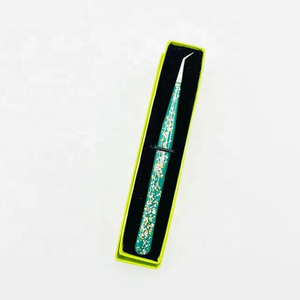 Private Label Bulk <b>Top</b> Selling Hand-Tested Solid Stainless Steel Eyelash Tweezers <b>Green</b> <b>Glitter</b> Slim 45 Degree Angle Pointed - Product Image 6