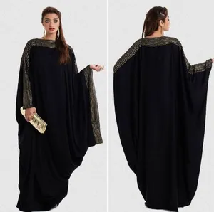 黑色马克西阿巴亚时尚定制批发伊斯兰女性阿巴亚雪纺休闲伊斯兰加大码女士长裙