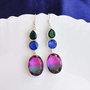 Bi-Color <b>Tourmaline</b> Multi-Stone Dangle <b>Earrings</b> 92.5 Silver Plated Crystal <b>Earrings</b> Handmade Boho Jewelry Gift for Her - Product Image 5