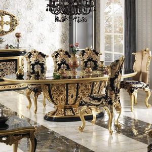 European Traditional Oval Dining Table Set 6 <b>Chairs</b> Black Gold <b>Hand</b> Carved Wood Antique Style Furniture for Hotel Apartment Use - Product Image 4