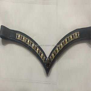 Banda de cejas de caballo de cuero de canal vacío en forma de V hecha a mano con perlas plateadas y cristales ostentosos en ambos lados y Escudo de metal - Product Image 5