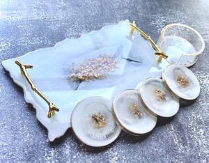 Plateau de mariage Art Déco de luxe en bois avec feuilles d'or et fleurs séchées, poignée en cristal, multifonctionnel - Product Image 5