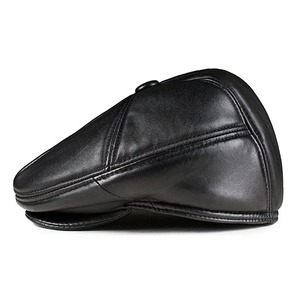 Black Natural Sheepskin Leather Unisex Casual <b>Beret</b> Cabbie Flat <b>Hat</b>-Thick Warm Four Seasons - Product Image 2