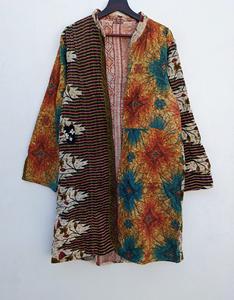 Chaqueta reversible Kantha de algodón 100%, Chaqueta abierta con estampado Floral hecho a mano con bordado acolchado, chaqueta tejida procesada - Product Image 1