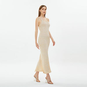 Femmes nouveau été solide motif 100% coton tricot robe-respirant Maxi décontracté Slip dos nu maigre tricoté longue pour les fêtes - Product Image 5