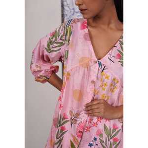 Blusa Peppy Pink para Mujer, Popelina, Manga Globo, Estampado Floral, Transpirable, 100% Algodón, Tallas XL y XS, Corte Holgado - Product Image 1