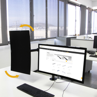 Support d'écran double en acier peint noir Emuca, inclinable et rotatif à 360° pour tables, fabriqué en Espagne