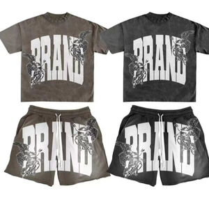 Conjunto de camiseta y pantalones cortos personalizados OEM, conjuntos de camiseta y pantalones cortos lavados con ácido de peso pesado, chándal para hombre, conjuntos cortos de camiseta de 2 piezas - Product Image 1