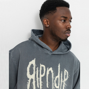 Người Đàn Ông Của Heavyweight Bông Lông Cừu Áo Thun Áo Hoodie Cổ Điển Rửa Đau Khổ Phong Cách OEM Logo Rắn Dệt Kim Lót Màu Than - Product Image 5