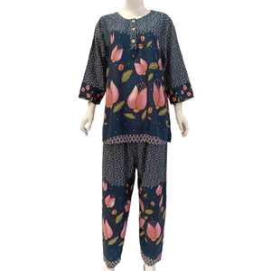 Women's High Quality Rayon Floral Print <b>Pajama</b> Set Plus Size Long-Sleeve Top - Product Image 2