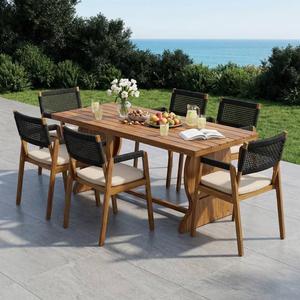 Outdoor <b>Dining</b> <b>Table</b> Set Wood Grain Patio <b>Table</b> and Chairs Rope Woven Back Chairs Cushioned Seating for Garden - Product Image 1