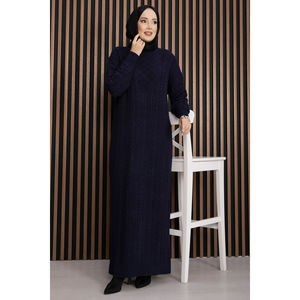 Navy Blue Maxi A-Line <b>Dress</b> Textured Knit Casual Modest Style Simple Fashion Print <b>Loose</b> Winter Made Viscose Nylon Washable - Product Image 4