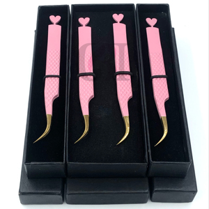 Nuevo estilo, recubrimiento en polvo rosa claro, Punta dorada curvada, diseño trasero, pinzas de extensión de pestañas de corazón, herramienta de belleza de acero inoxidable - Product Image 4