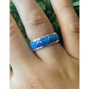 Zuni Handmade Blue Opal & Sterling <b>Silver</b> Gemstone <b>Ring</b> Geometric Design with Rhodium Plating Everyday Wear Cut Pearl Inlay - Product Image 2