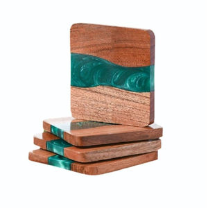 Fine Quality Square Wood And Blue Epoxy Resin <b>Coasters</b> Set Modern River Effect Hardwood <b>Drink</b> <b>Coasters</b> For Home Bar Table Decor - Product Image 4