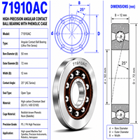 Roulement à billes à contact angulaire à une rangée 71910C/AC/A 50x72x12mm, section mince haute précision pour broche de machine-outil CNC