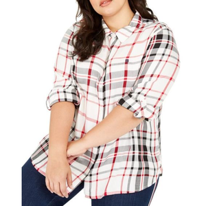 Top da donna Tommy Hilfiger taglie forti con maniche roll-tab, a quadri bianchi, abbottonato sul davanti, taglia 1X, in rayon - Product Image 3