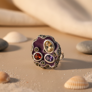 Women's 925 Silver Multi-Gemstone Cocktail <b>Ring</b> Statement Geometric Design with 10k Gold & 18k Rose Gold Fine or Fashionable - Product Image 3