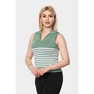 Haute qualité femmes 100% Polyester 220 grammes courte longueur tricoté débardeurs blanc rayé confortable respirant col en v décontracté - Product Image 3