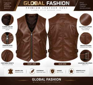 Men's <b>Brown</b> PU Leather Moto <b>Vest</b> V-Neck Zipper Closure Regular Fit Solid Color Outerwear - Product Image 6