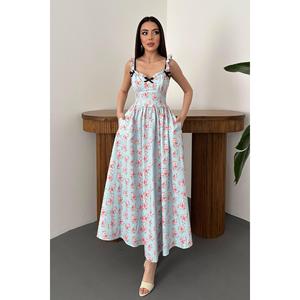 Vestido Floral Azul Bebé con Lazo Frontal - Azul Bebé - Product Image 1
